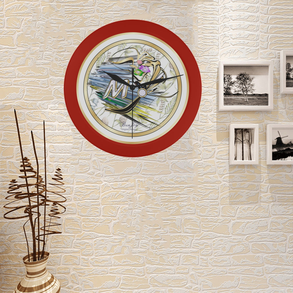 Elegant Red Wall Clock Personalize Initial "M" By BenJoy